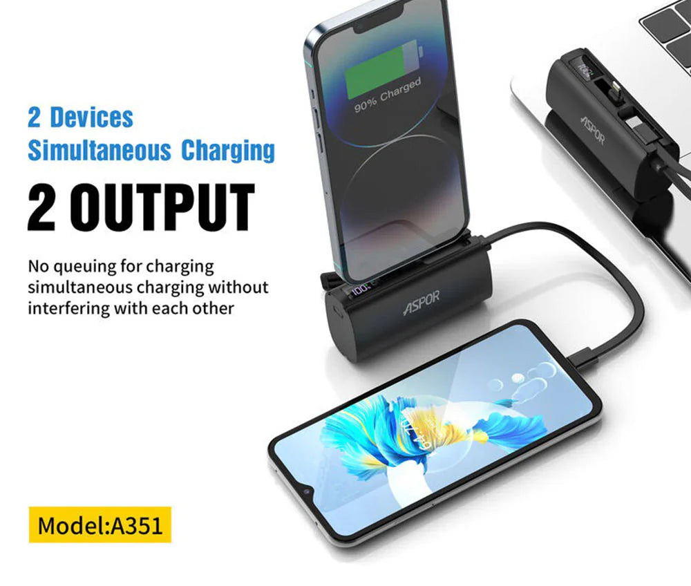 Aspor A351 2-in-1 5000mAh Mini Power Bank | Built-in Lightning & USB-C | Portable Fast Charger