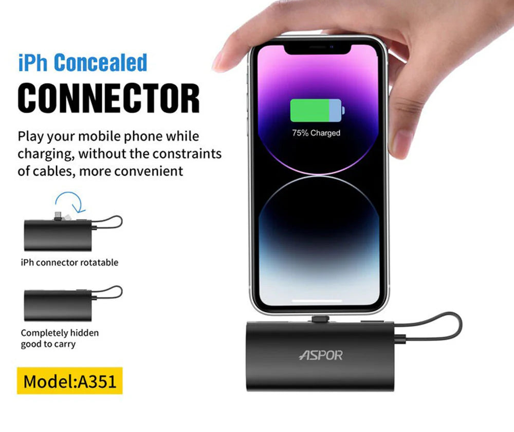 Aspor A351 2-in-1 5000mAh Mini Power Bank | Built-in Lightning & USB-C | Portable Fast Charger