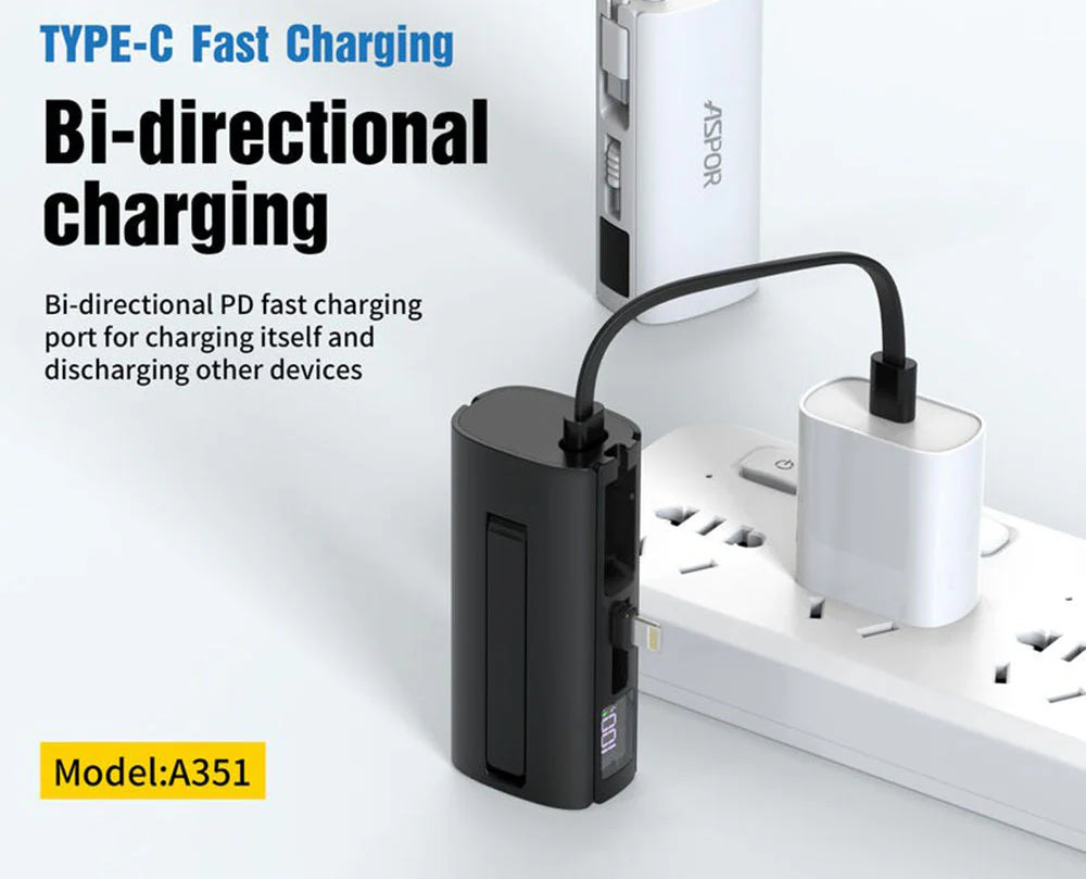 Aspor A351 2-in-1 5000mAh Mini Power Bank | Built-in Lightning & USB-C | Portable Fast Charger