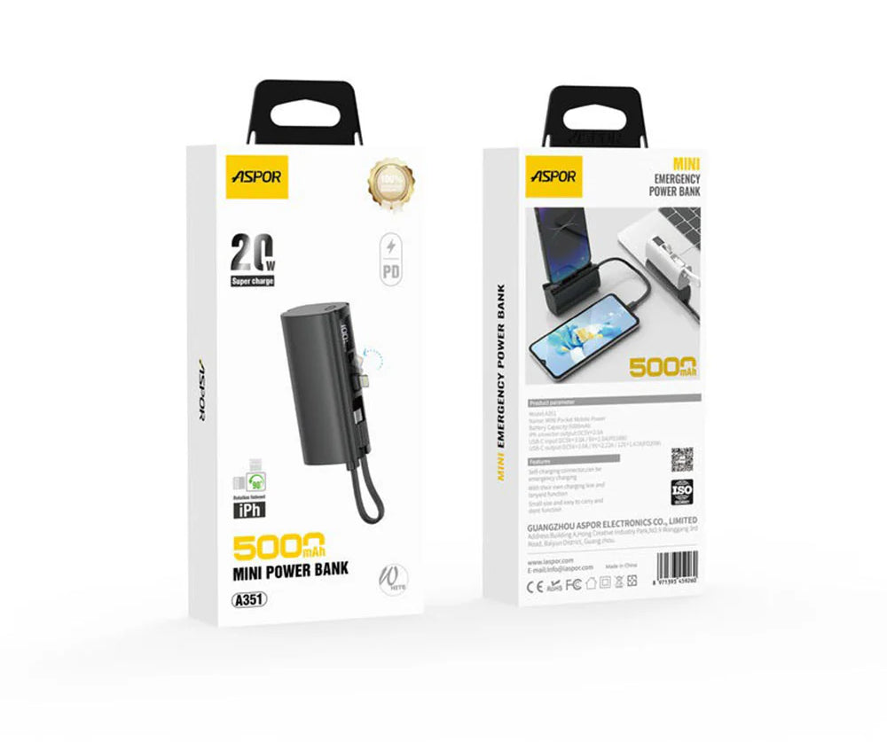 Aspor A351 2-in-1 5000mAh Mini Power Bank | Built-in Lightning & USB-C | Portable Fast Charger