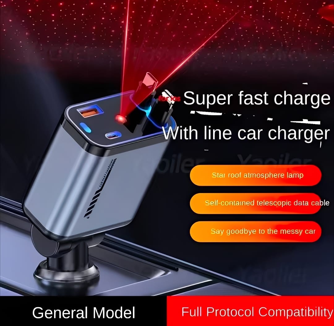 C6 4-in-1 Multi-Functional Car Charger | 20W Fast Charging with Star Light | Durable USB Car Charger