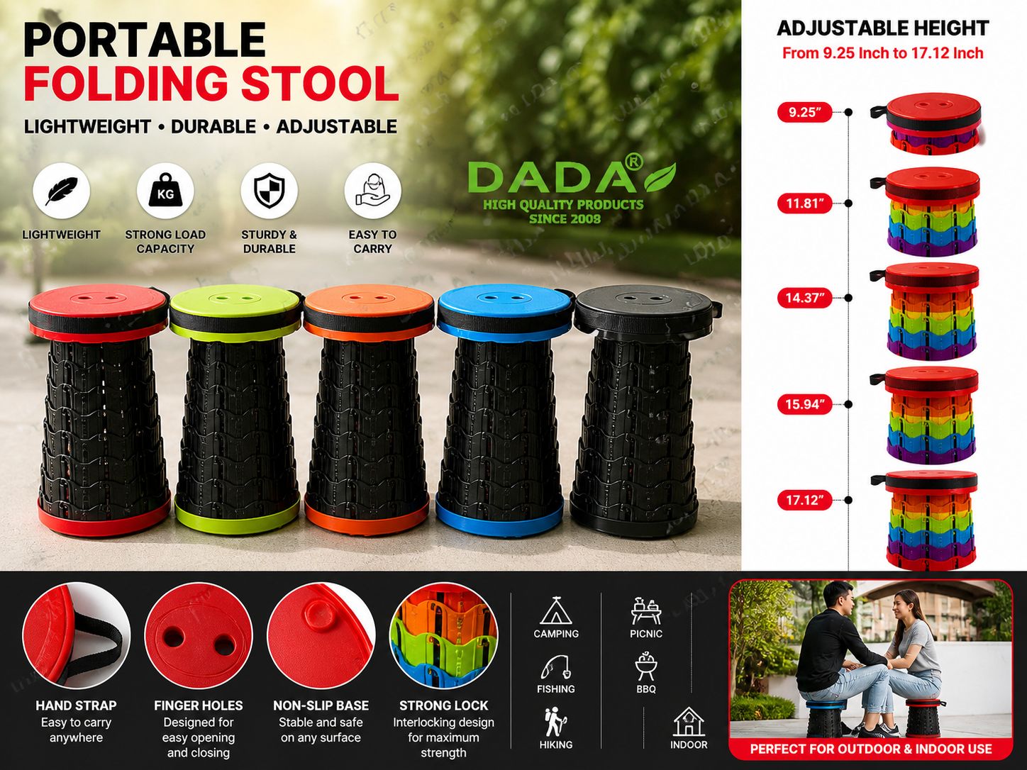 Super Heavy-Duty Telescopic Folding Stool | Adjustable Portable Retractable Camping Chair